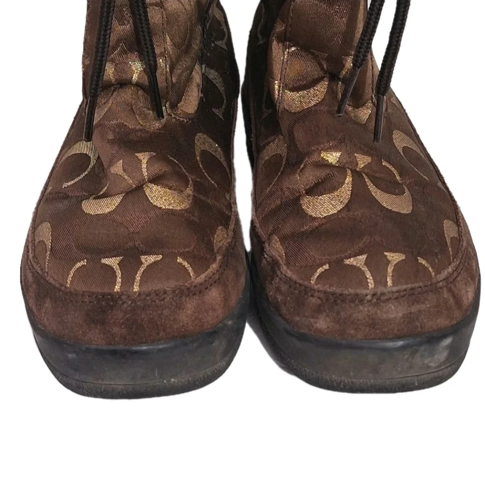 Coach Lizzie Signature Winter Fur Trim Boots Brown Gold Metallic C Size 7 A7048